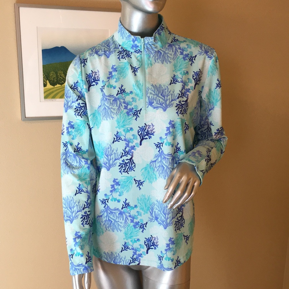 G Lifestyle by Gottex | Blue Coral Print Long Sleeve Zip Golf Top Sun Protection